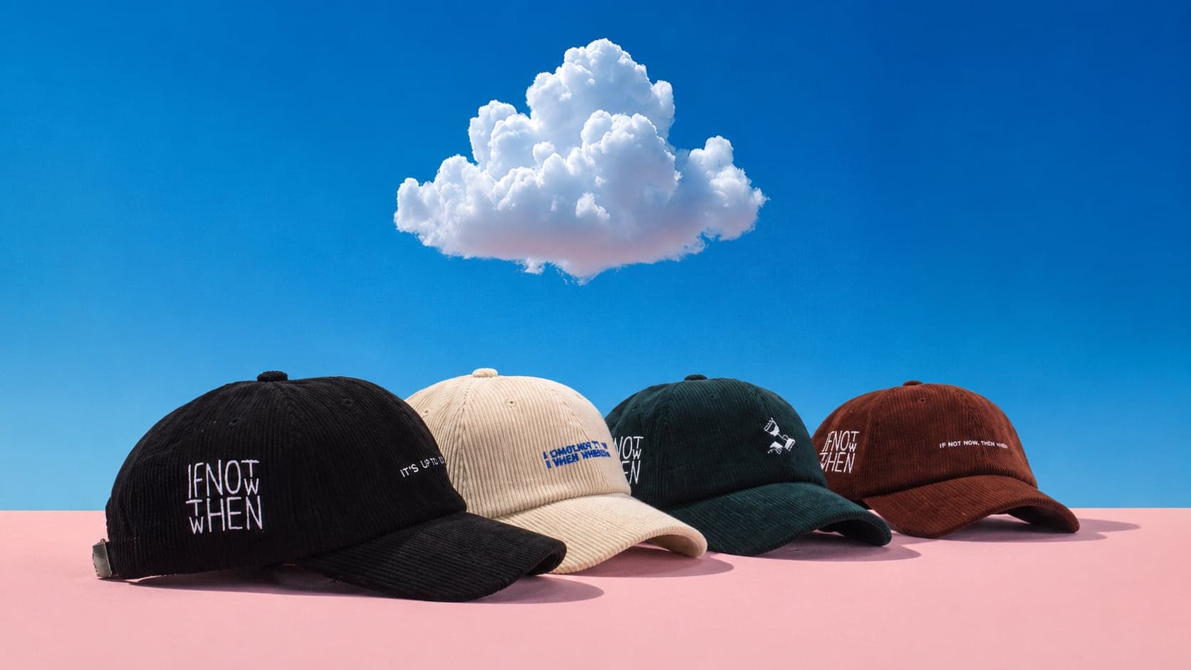 Four corduroy caps under a cloud